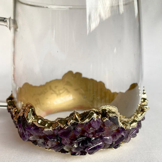 Set of 2 |Crystal Glass Coffee/Tea/Juice Mugs with Gold Plated Purple Amethyst Agate/Quartz Semi-precious Crystals | 17 oz/500 ml-1