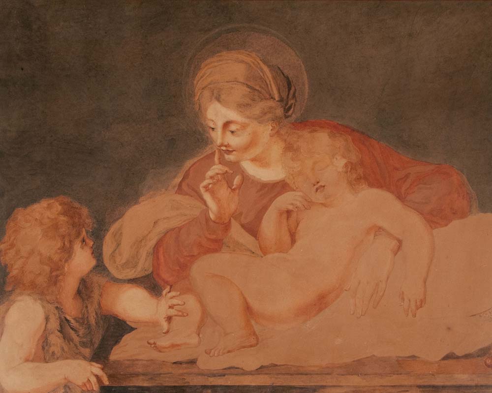 Madonna mit schlafendem Jesus und Johannes d.T. als Kind - Aquarell auf Pergament, 19. Jahrhundert