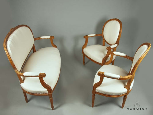 Sitzgruppe, Louis XVI - Sofa und zwei Armlehnsessel, Frankreich, um 1880