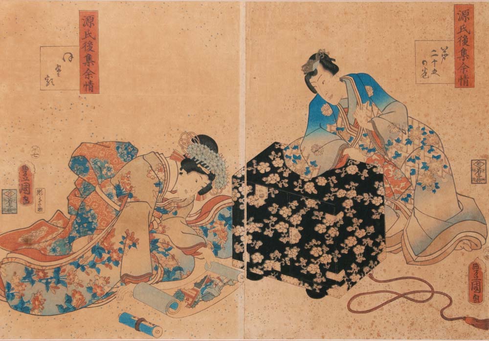 Utagawa Toyokuni III (Kunisada I) - Driptyque au motif Genji monogarati, chapitre 25, Hotaru, la série ?Genji goshû yojô?