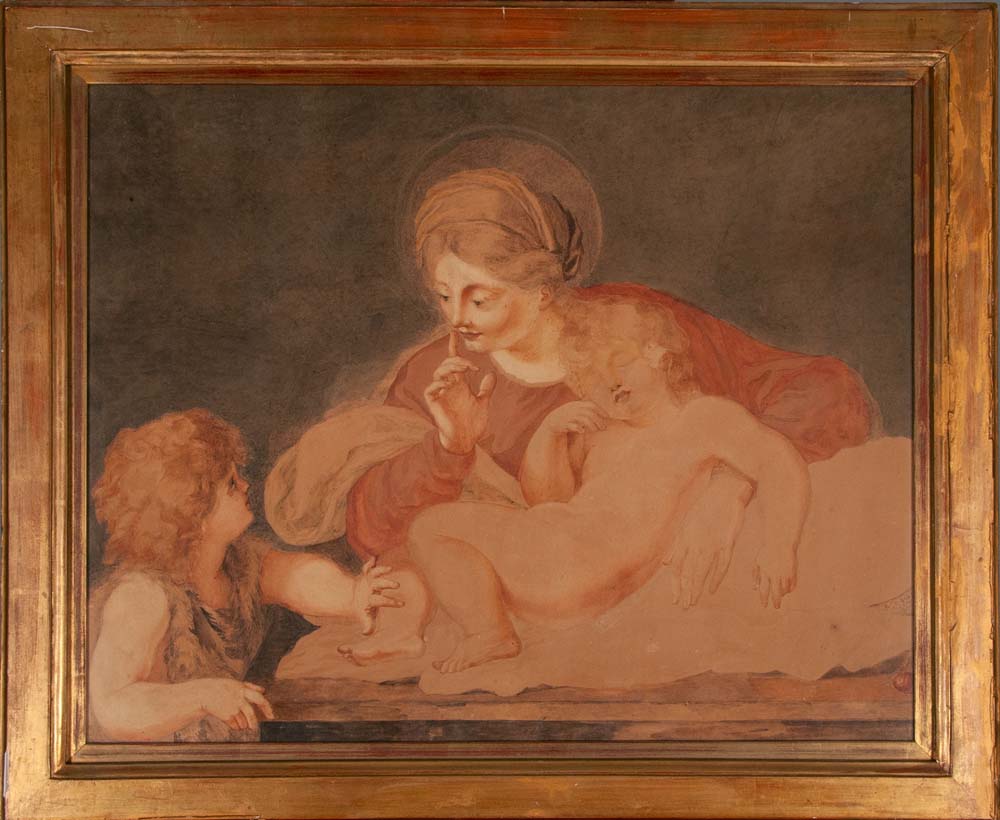 Madonna mit schlafendem Jesus und Johannes d.T. als Kind - Aquarell auf Pergament, 19. Jahrhundert