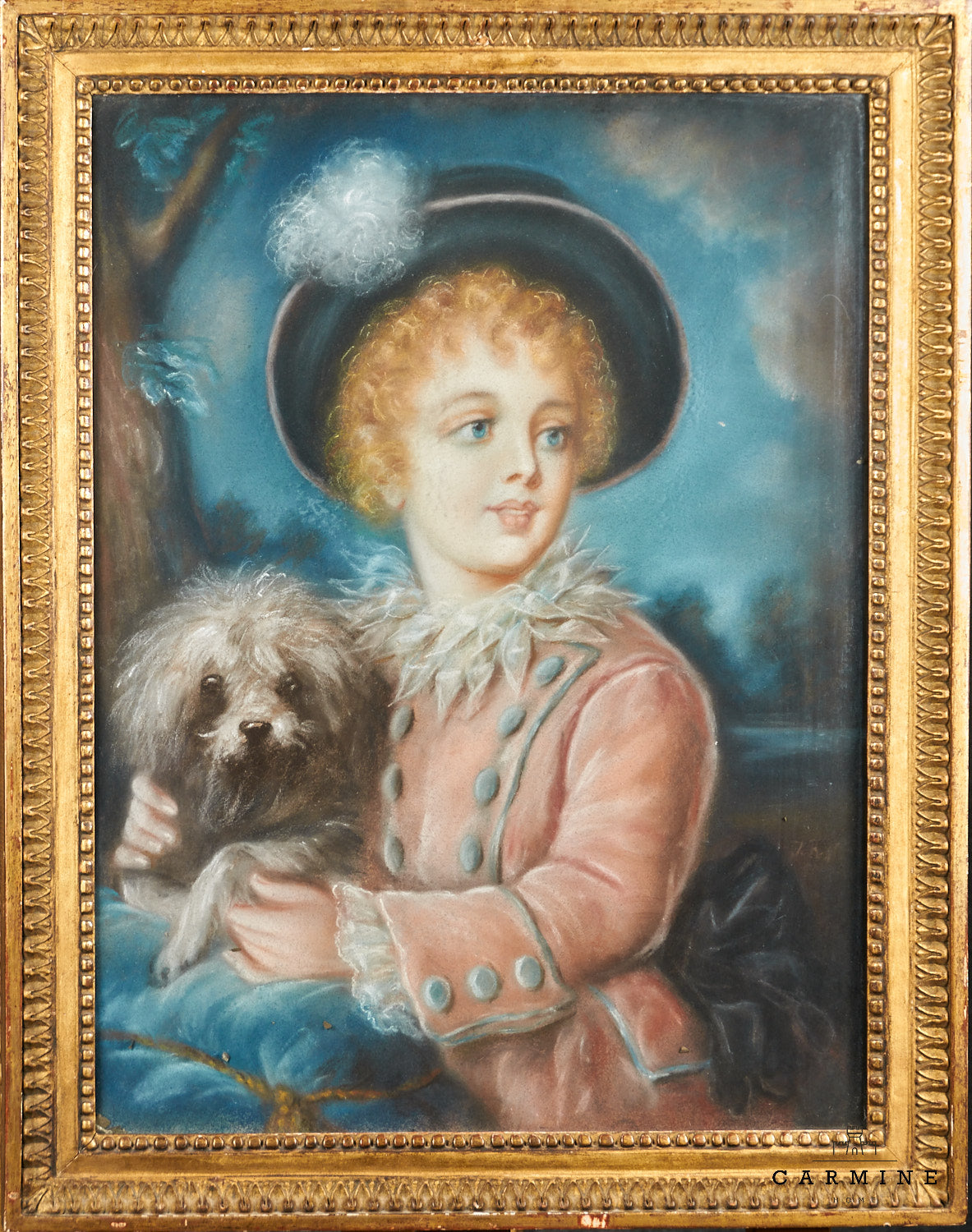Antikes Pastellgemälde – Knabenporträt mit Hund im Van-Dyck-Kostüm, 19. Jh.