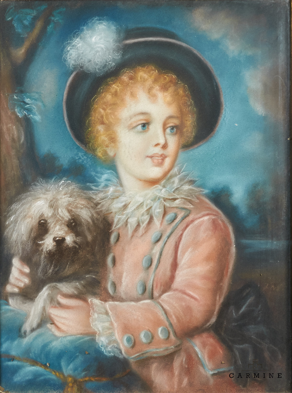 Antikes Pastellgemälde – Knabenporträt mit Hund im Van-Dyck-Kostüm, 19. Jh.